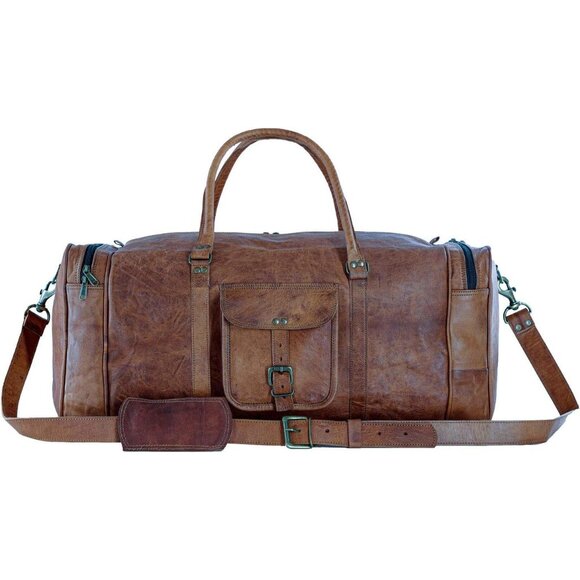 🆕 Men Brown Leather Bag Square Duffel Travel Gym Sports Overnight Weekend Style - Picture 9 of 9